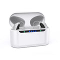 Amplificador auditivo recargable con configuración mediante App móvil y diseño ergonómico.
