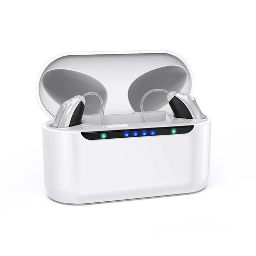 Amplificador auditivo recargable con configuración mediante App móvil y diseño ergonómico.